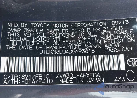 2013 Toyota Prius Two z USA, uszkodzony, nr VIN JTDKN3DU4D5693818